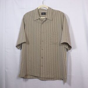 Haggar Button Down Shirt Mens XL Tan Striped Short Sleeve Textured Casual Top